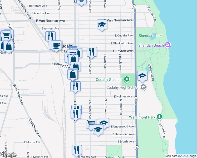 map of restaurants, bars, coffee shops, grocery stores, and more near 3737 East Carpenter Avenue in Cudahy