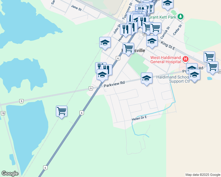 map of restaurants, bars, coffee shops, grocery stores, and more near 12 Parkview Road in Hagersville