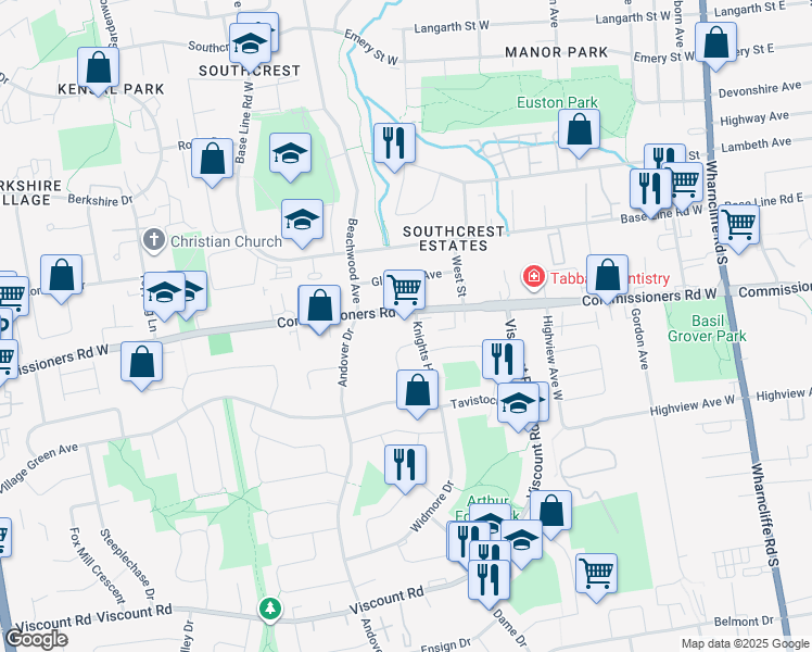 map of restaurants, bars, coffee shops, grocery stores, and more near 250 Commissioners Road West in London