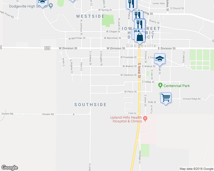 map of restaurants, bars, coffee shops, grocery stores, and more near 501 Bray Street in Dodgeville