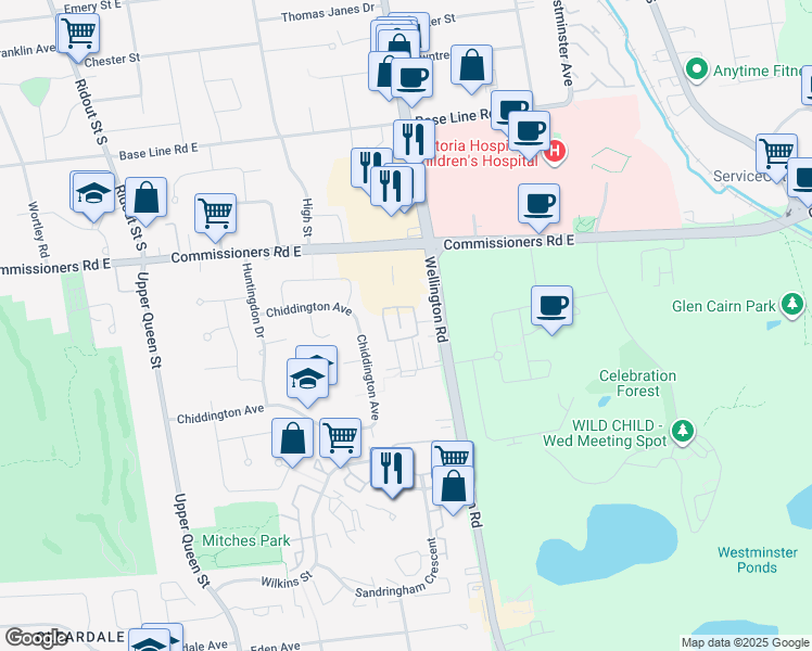 map of restaurants, bars, coffee shops, grocery stores, and more near 35 Waterman Avenue in London
