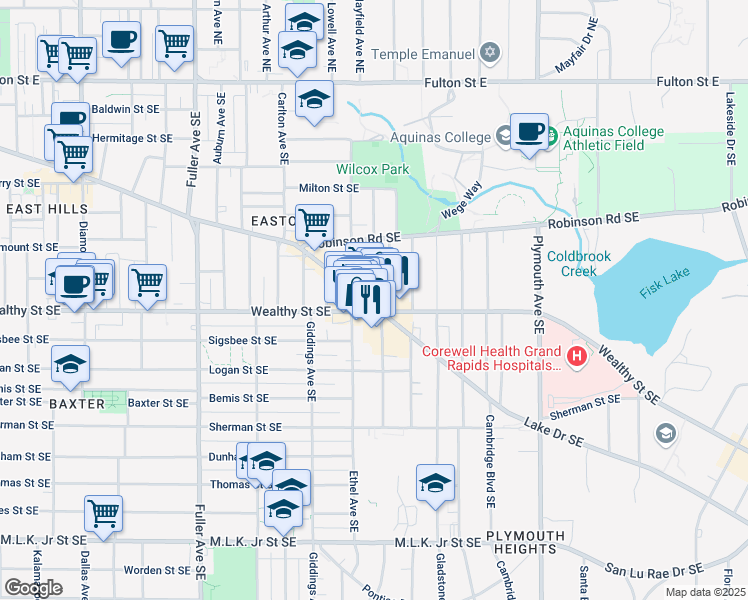 map of restaurants, bars, coffee shops, grocery stores, and more near 419 Norwood Avenue Southeast in Grand Rapids