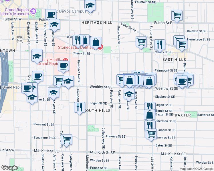 map of restaurants, bars, coffee shops, grocery stores, and more near 511 Wealthy Street Southeast in Grand Rapids