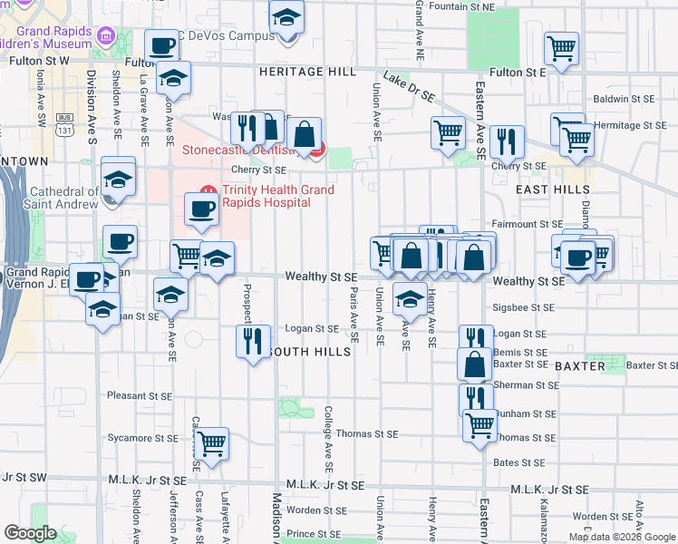 map of restaurants, bars, coffee shops, grocery stores, and more near 509 Wealthy Street Southeast in Grand Rapids