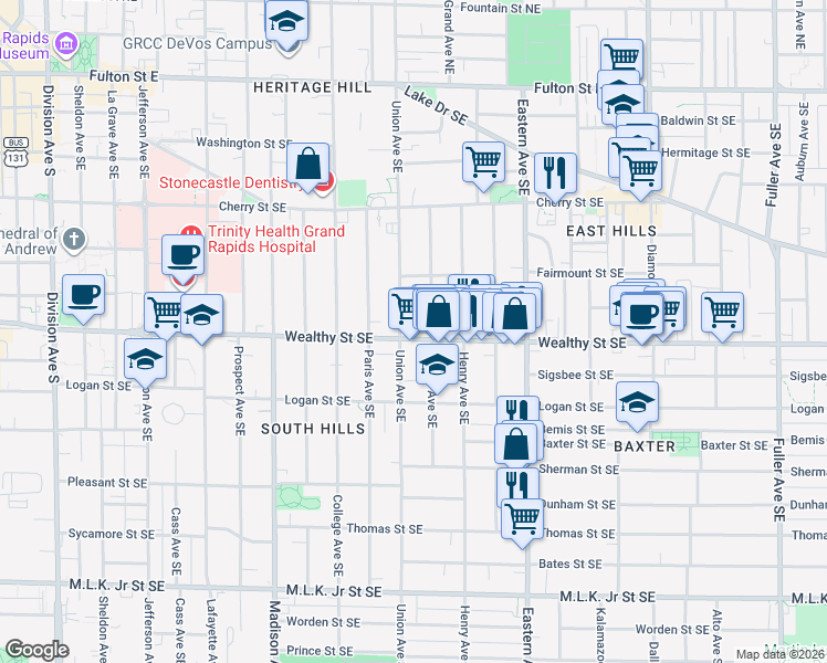 map of restaurants, bars, coffee shops, grocery stores, and more near 609 Wealthy Street Southeast in Grand Rapids