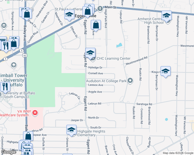 map of restaurants, bars, coffee shops, grocery stores, and more near 33 Layton Avenue in Buffalo