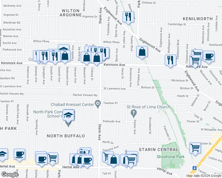 map of restaurants, bars, coffee shops, grocery stores, and more near 713 Saint Lawrence Avenue in Buffalo