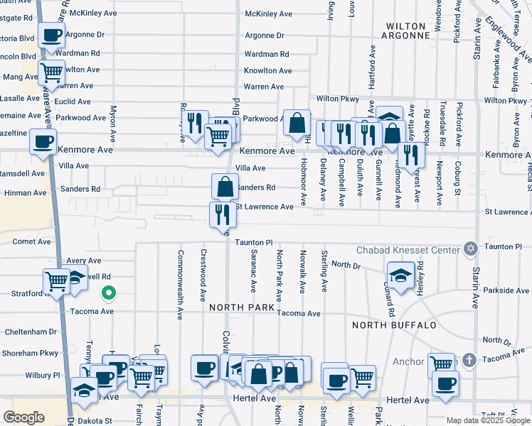 map of restaurants, bars, coffee shops, grocery stores, and more near 541 Colvin Avenue in Buffalo