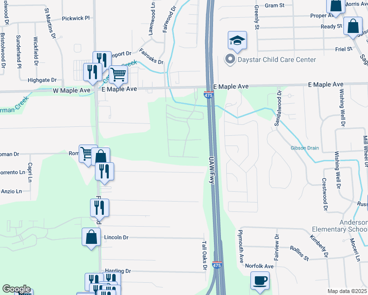 map of restaurants, bars, coffee shops, grocery stores, and more near 6324 Maplebrook Lane in Flint