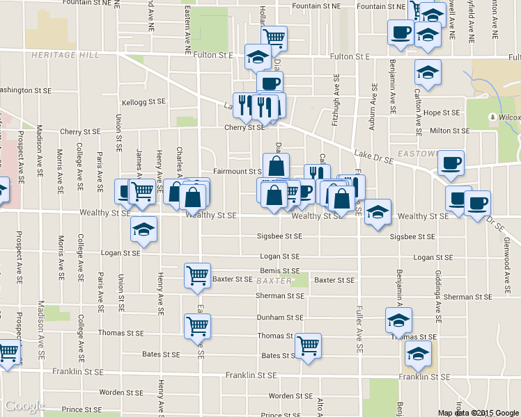 map of restaurants, bars, coffee shops, grocery stores, and more near 930 Wealthy Street Southeast in Grand Rapids