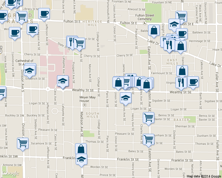 map of restaurants, bars, coffee shops, grocery stores, and more near 556 Wealthy Street Southeast in Grand Rapids