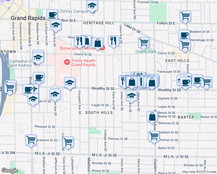 map of restaurants, bars, coffee shops, grocery stores, and more near 518 Wealthy Street Southeast in Grand Rapids