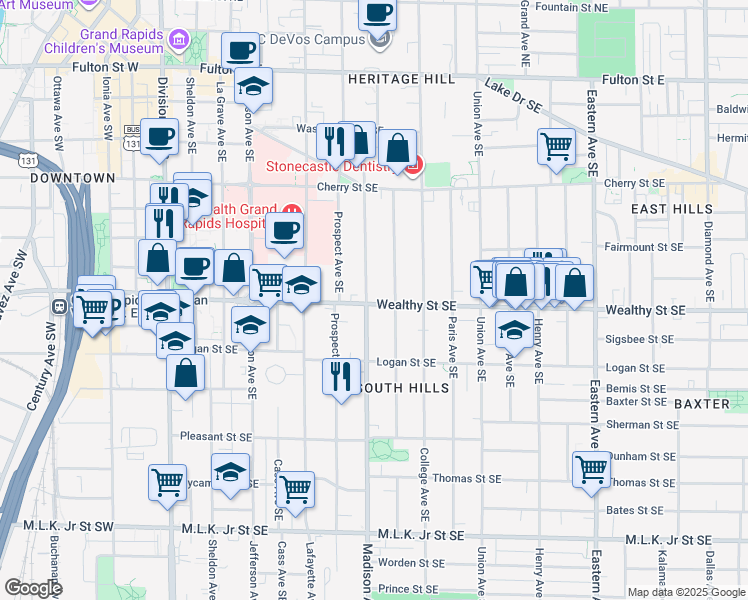 map of restaurants, bars, coffee shops, grocery stores, and more near in Grand Rapids