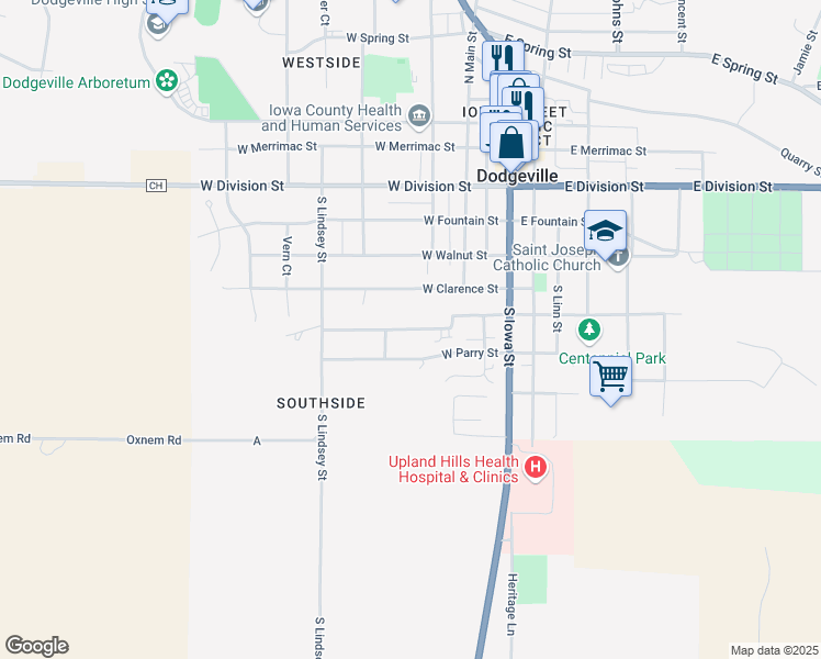 map of restaurants, bars, coffee shops, grocery stores, and more near 507 Bray Street in Dodgeville