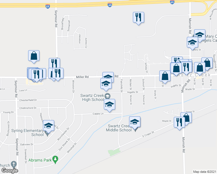 map of restaurants, bars, coffee shops, grocery stores, and more near 1 Dragon Drive in Swartz Creek