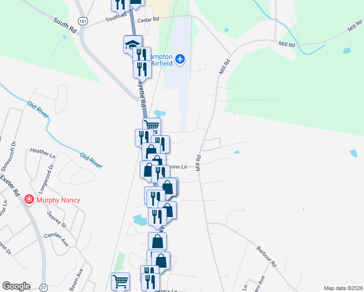 map of restaurants, bars, coffee shops, grocery stores, and more near 268 Mill Road in Hampton