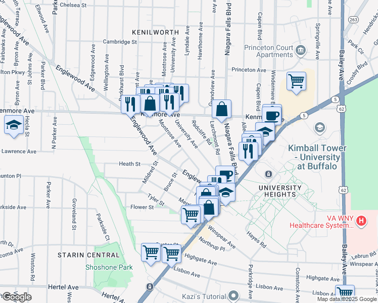 map of restaurants, bars, coffee shops, grocery stores, and more near 47 Montrose Avenue in Buffalo