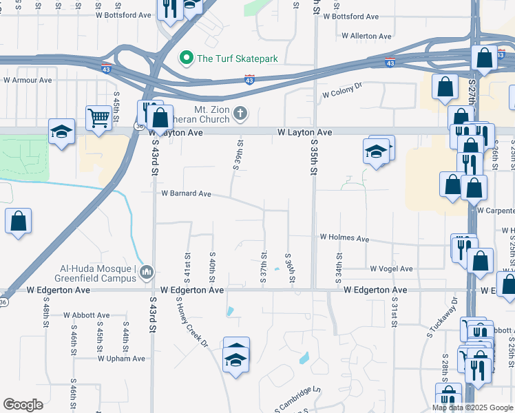 map of restaurants, bars, coffee shops, grocery stores, and more near 3651 West Barnard Avenue in Greenfield