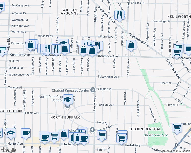 map of restaurants, bars, coffee shops, grocery stores, and more near Starin Avenue & Saint Lawrence Avenue in Buffalo