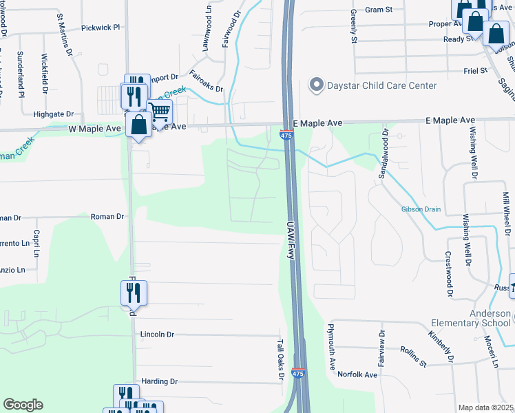 map of restaurants, bars, coffee shops, grocery stores, and more near 6324 Maplebrook Lane in Flint
