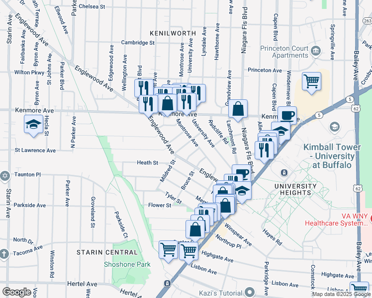 map of restaurants, bars, coffee shops, grocery stores, and more near 17 Evadene Street in Buffalo