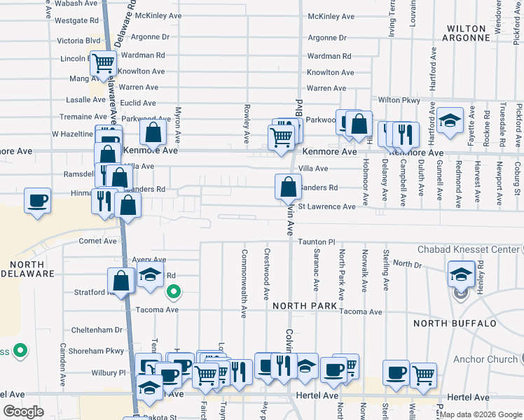 map of restaurants, bars, coffee shops, grocery stores, and more near 534 Colvin Avenue in Buffalo