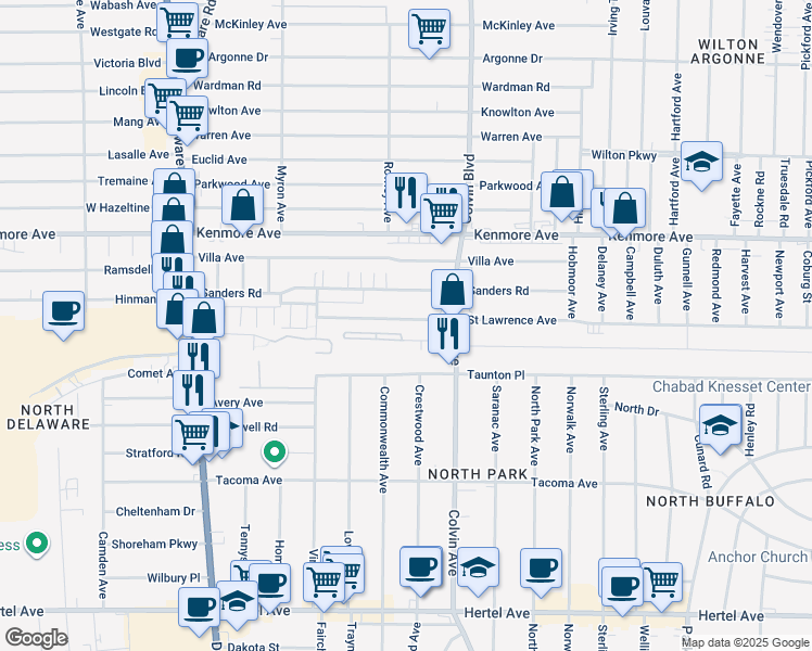 map of restaurants, bars, coffee shops, grocery stores, and more near 534 Colvin Avenue in Buffalo