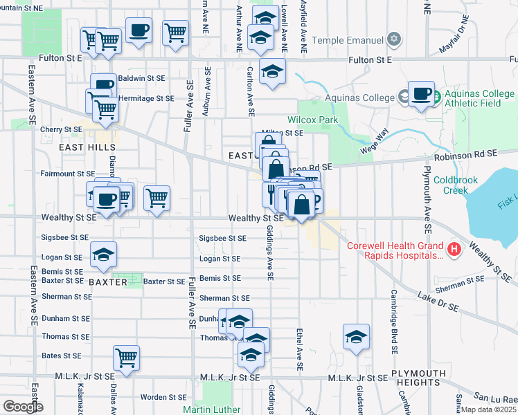 map of restaurants, bars, coffee shops, grocery stores, and more near in Grand Rapids
