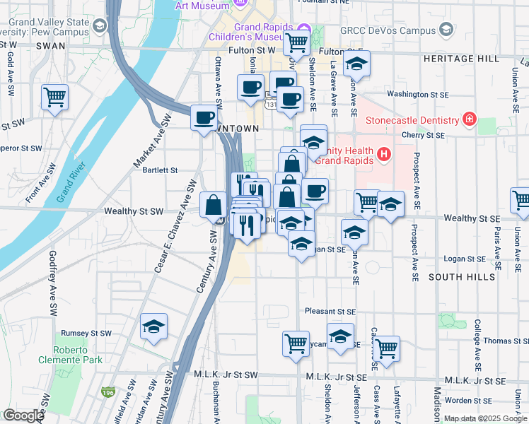 map of restaurants, bars, coffee shops, grocery stores, and more near 48 Wealthy Street Southwest in Grand Rapids
