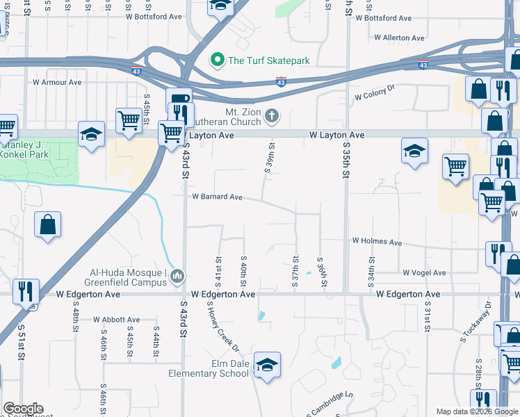 map of restaurants, bars, coffee shops, grocery stores, and more near 4920 South 40th Street in Greenfield