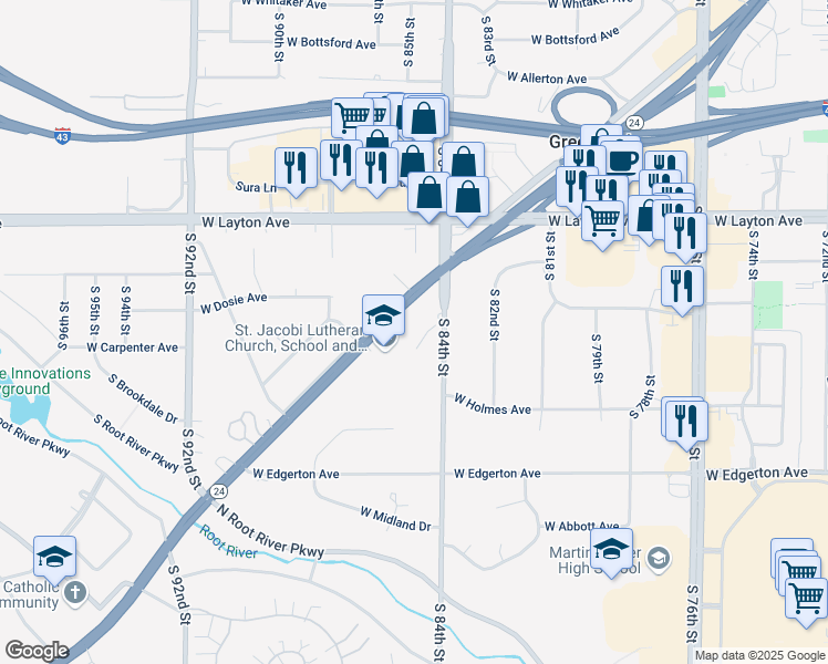 map of restaurants, bars, coffee shops, grocery stores, and more near 8605 West Forest Home Avenue in Greenfield