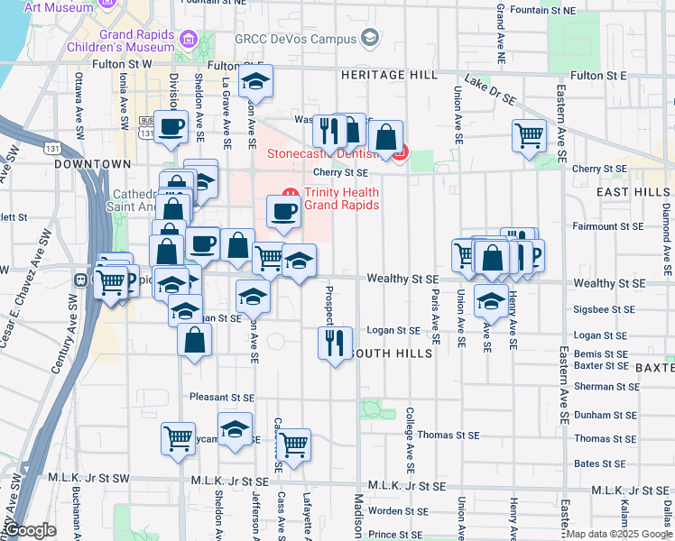 map of restaurants, bars, coffee shops, grocery stores, and more near 343 Wealthy Street Southeast in Grand Rapids