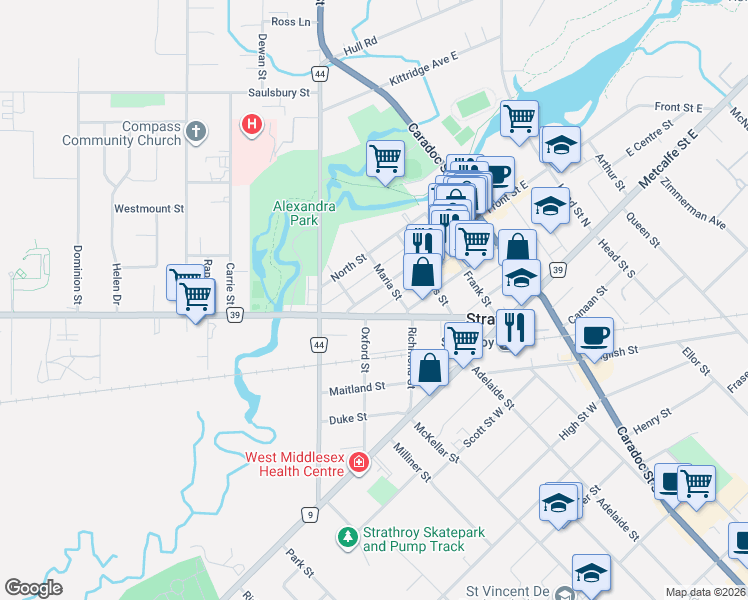 map of restaurants, bars, coffee shops, grocery stores, and more near 150 Front Street West in Strathroy