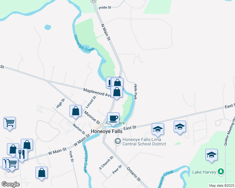 map of restaurants, bars, coffee shops, grocery stores, and more near 61 North Main Street in Honeoye Falls