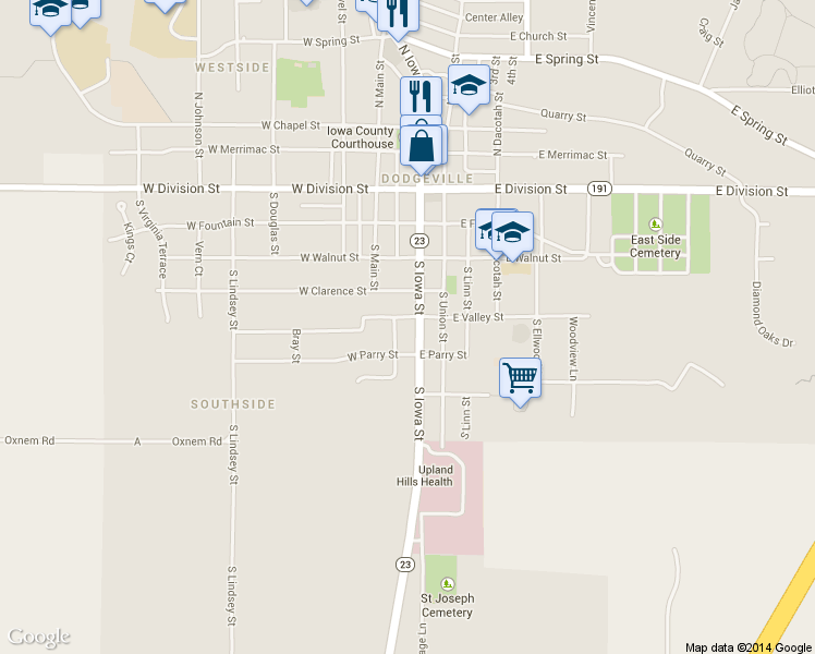 map of restaurants, bars, coffee shops, grocery stores, and more near 504 South Iowa Street in Dodgeville