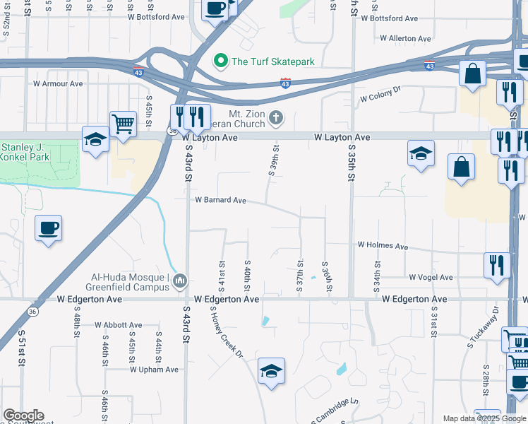 map of restaurants, bars, coffee shops, grocery stores, and more near 4920 South 40th Street in Greenfield
