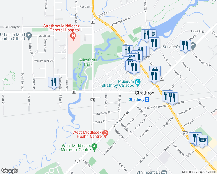 map of restaurants, bars, coffee shops, grocery stores, and more near 150 Front Street West in Strathroy