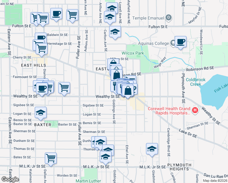 map of restaurants, bars, coffee shops, grocery stores, and more near 354 Richard Terrace Southeast in Grand Rapids