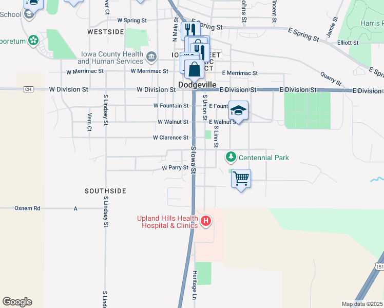 map of restaurants, bars, coffee shops, grocery stores, and more near 504 South Iowa Street in Dodgeville