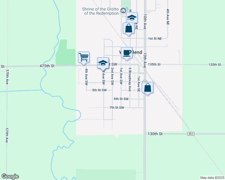 map of restaurants, bars, coffee shops, grocery stores, and more near 500 2nd Avenue Southwest in West Bend