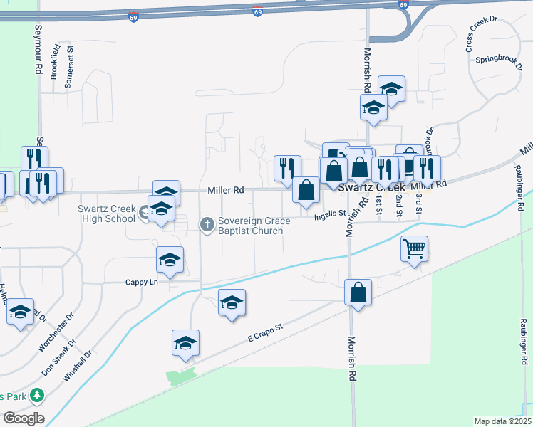 map of restaurants, bars, coffee shops, grocery stores, and more near 8132 Ingalls Street in Swartz Creek