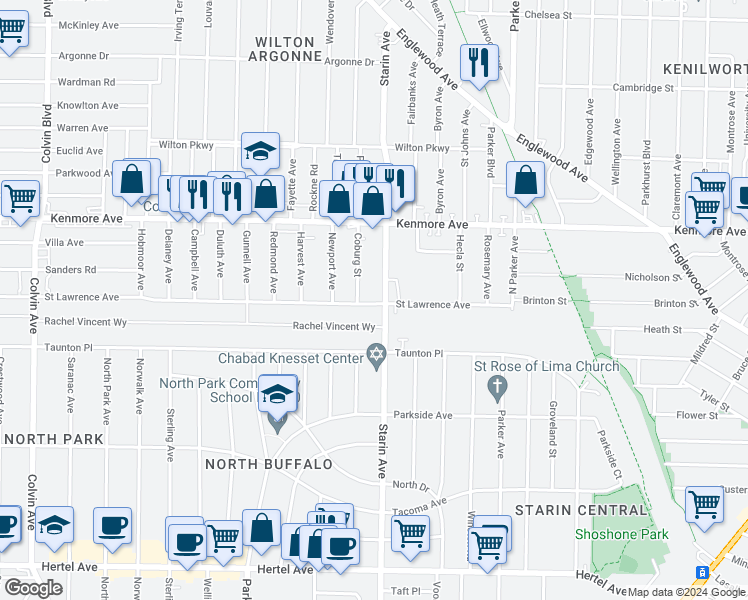 map of restaurants, bars, coffee shops, grocery stores, and more near 672 Saint Lawrence Avenue in Buffalo