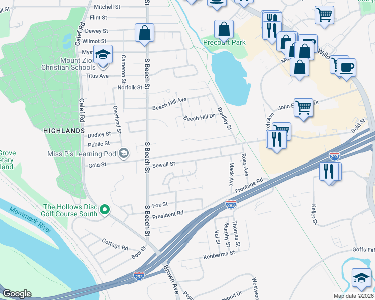 map of restaurants, bars, coffee shops, grocery stores, and more near 124 Sewall Street in Manchester
