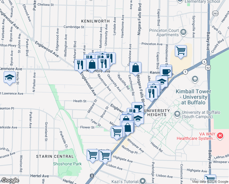 map of restaurants, bars, coffee shops, grocery stores, and more near 47 Montrose Avenue in Buffalo