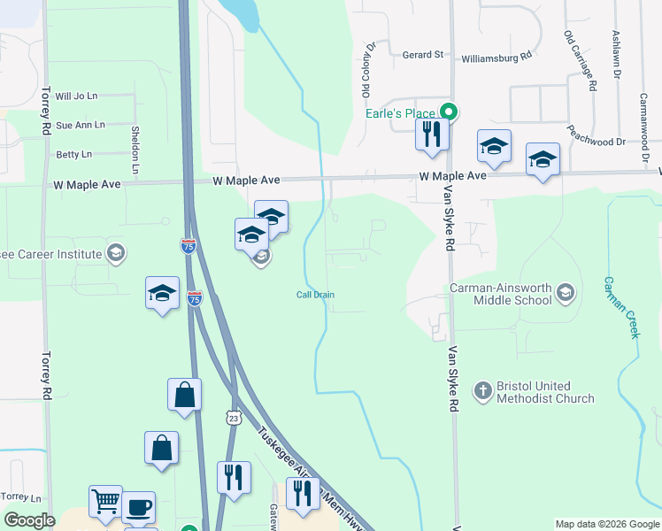 map of restaurants, bars, coffee shops, grocery stores, and more near 5241 Ridgebend Drive in Flint