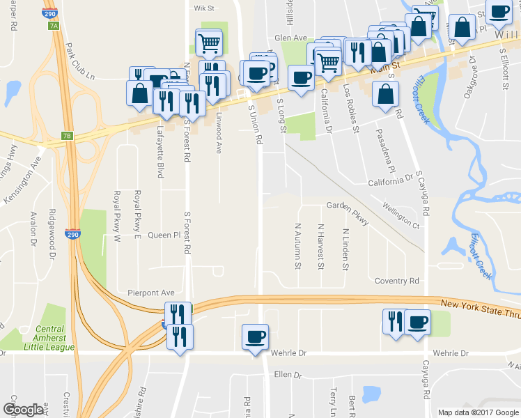 map of restaurants, bars, coffee shops, grocery stores, and more near 198 South Union Road in Erie County