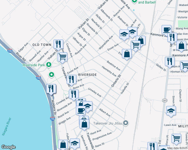 map of restaurants, bars, coffee shops, grocery stores, and more near 124 Laird Avenue in Buffalo