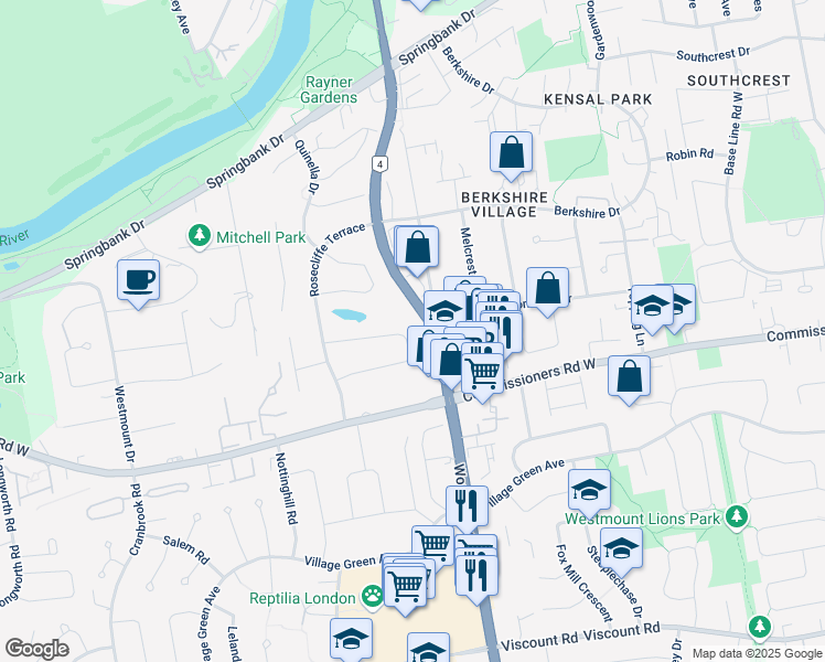 map of restaurants, bars, coffee shops, grocery stores, and more near 43 Rosecliffe Crescent in London