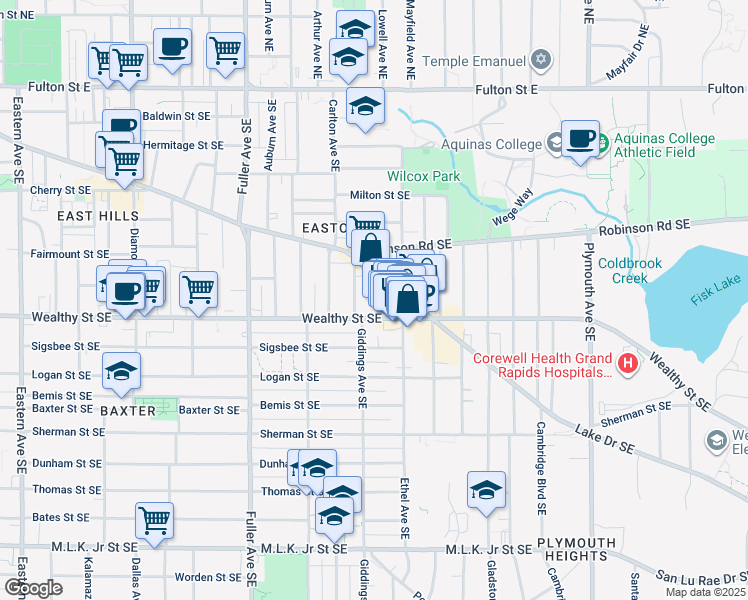 map of restaurants, bars, coffee shops, grocery stores, and more near 1436 Wealthy Street Southeast in Grand Rapids