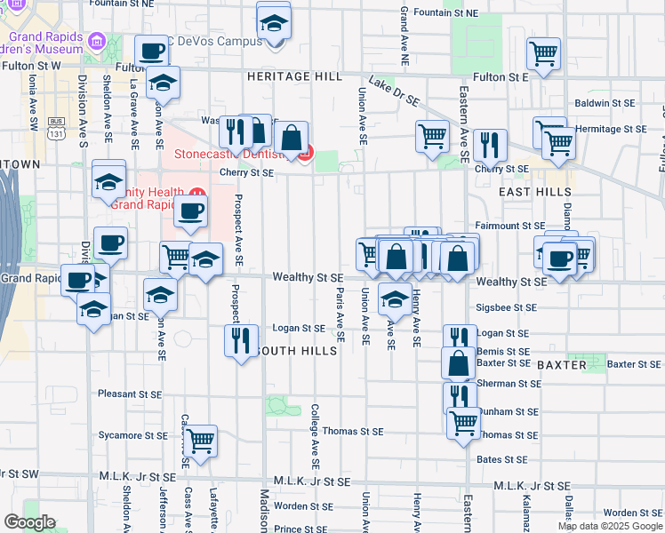 map of restaurants, bars, coffee shops, grocery stores, and more near 518 Wealthy Street Southeast in Grand Rapids